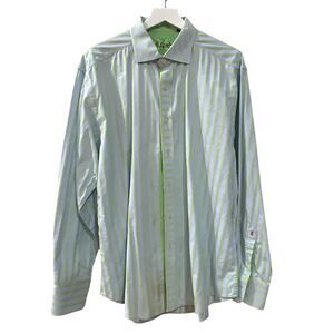 Robert Graham Blue / Lime Green Stripes Button Down Shirt with French Cuff Sz XL